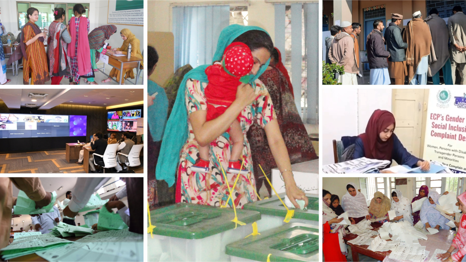 collage of people voting in Pakistan's general elections.
