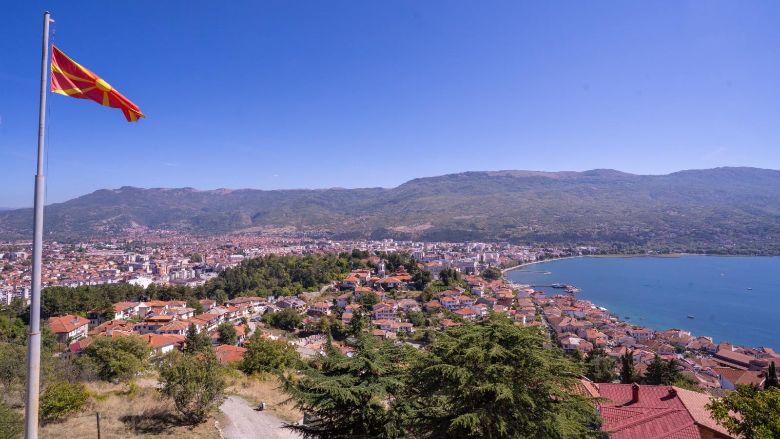 Old town of Ohrid, North Macedonia. North Macedonia flag 