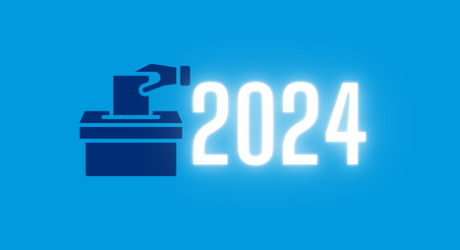 Ballot box with next to year 2024 in blue and white.