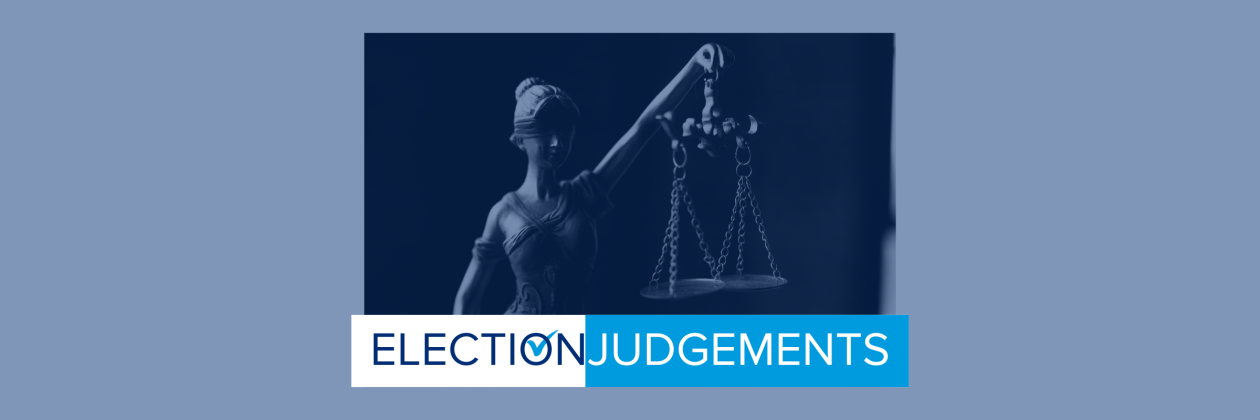 Election Judgements overlaid a photo of Lady Justice in shades of blue.