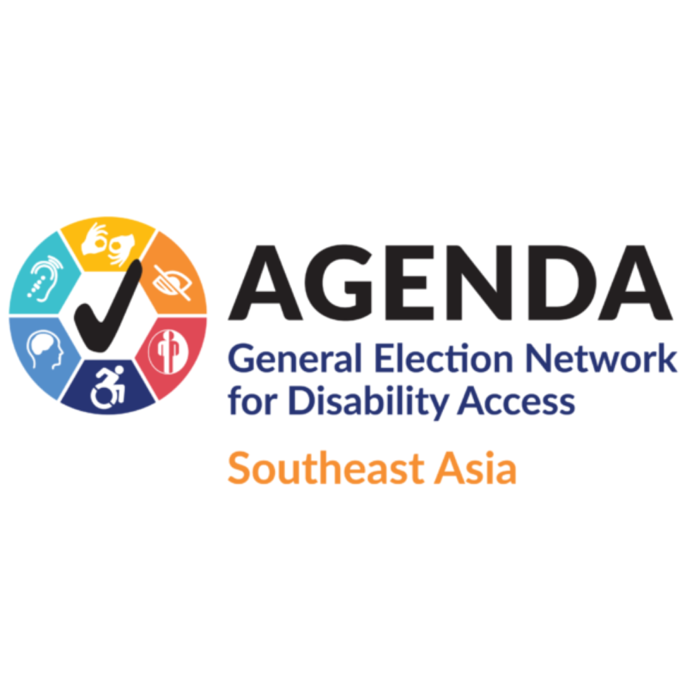 AGENDA logo: a multicolor wheel with six small icons and a large checkmark in the middle. To the right of the wheel, black text reading, "AGENDA." Under that, navy blue text reading "General Election Network for Disability Access." Under that, orange text reading "Southeast Asia".